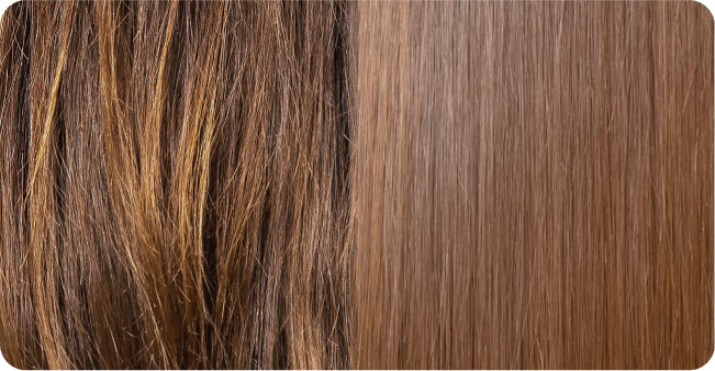Close-up of brown hair on the left and a swatch of brown color on the right.