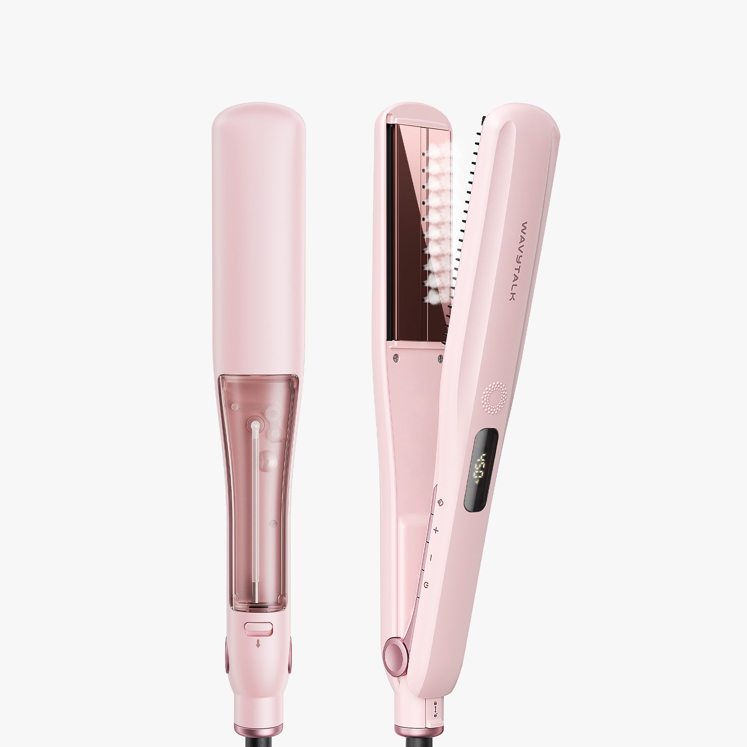 Pink hair straightener with digital display on a white background