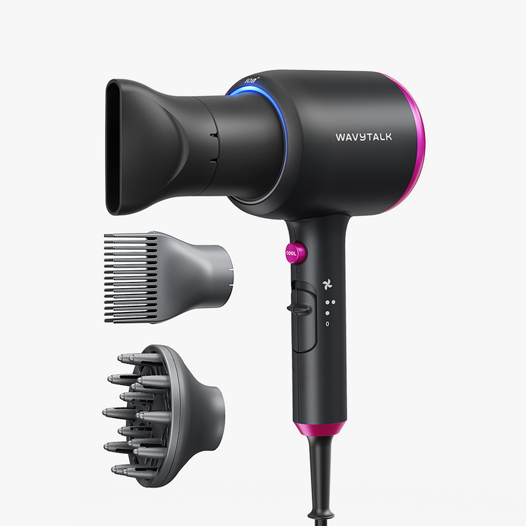 Black Blown Away with attachments on a white background, featuring the brand 'Wavytalk'.
