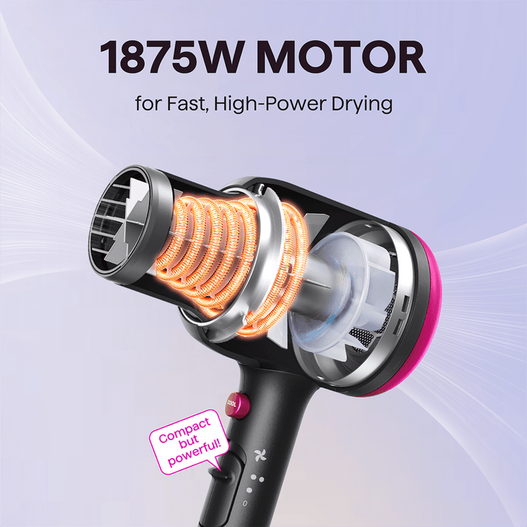 Black Blown Away hair dryer with a powerful 1875W motor for professional drying, featured on a light purple background.
