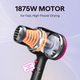 Black Blown Away hair dryer with a powerful 1875W motor for professional drying, featured on a light purple background.