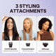 Three women with different hairstyles showcasing three styling attachments on a light purple background.