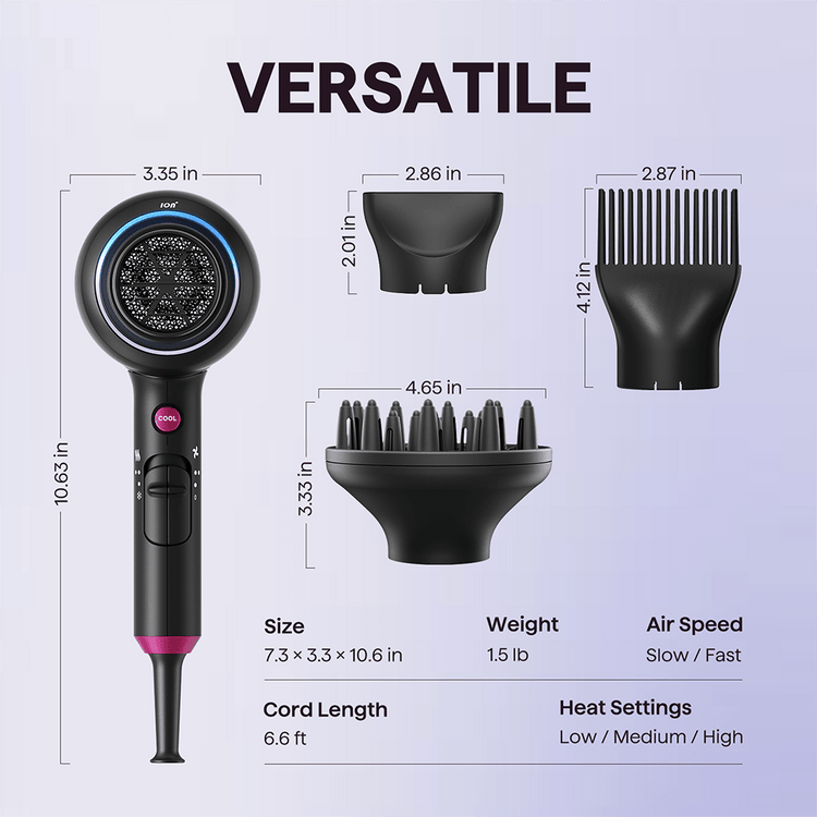 Black Blown Away hair dryer featuring professional styling attachments and technical specifications on a light purple background.