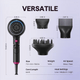Black Blown Away hair dryer featuring professional styling attachments and technical specifications on a light purple background.