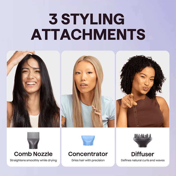 Three women with different hairstyles showcasing three styling attachments on a light purple background.