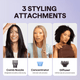 Three women with different hairstyles showcasing three styling attachments on a light purple background.