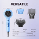 Blue Blown Away hair dryer with styling attachments and technical specifications featured on a light purple background.