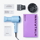 Blue Blown Away hair dryer by Wavytalk with styling attachments and original packaging on a white background.