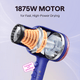 Blue Blown Away hair dryer with a powerful 1875W motor for professional drying, featured on a light purple background.