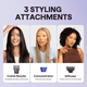 Three women with different hairstyles showcasing three styling attachments on a light purple background.