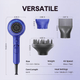 Blue Blown Away hair dryer featuring professional styling attachments and technical specifications on a light purple background.