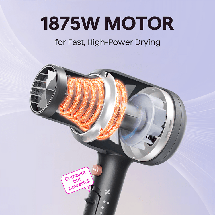 Gray Blown Away hair dryer with a powerful 1875W motor for professional drying, featured on a light purple background.