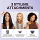 Three women with different hairstyles showcasing three styling attachments on a light purple background.