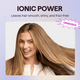 Woman with long, straight hair on a light purple background with text about Ionic Power hair product.