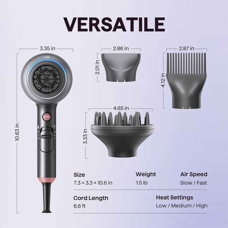 Gray Blown Away hair dryer featuring professional styling attachments and technical specifications on a light purple background.