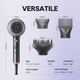 Gray Blown Away hair dryer featuring professional styling attachments and technical specifications on a light purple background.
