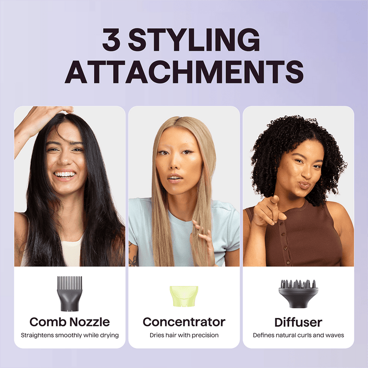 Three women with different hairstyles showcasing three styling attachments on a light purple background.