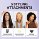 Three women with different hairstyles showcasing three styling attachments on a light purple background.