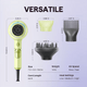 Green Blown Away hair dryer featuring professional styling attachments and technical specifications on a light purple background.