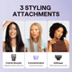 Three women with different hairstyles showcasing three styling attachments on a light purple background.