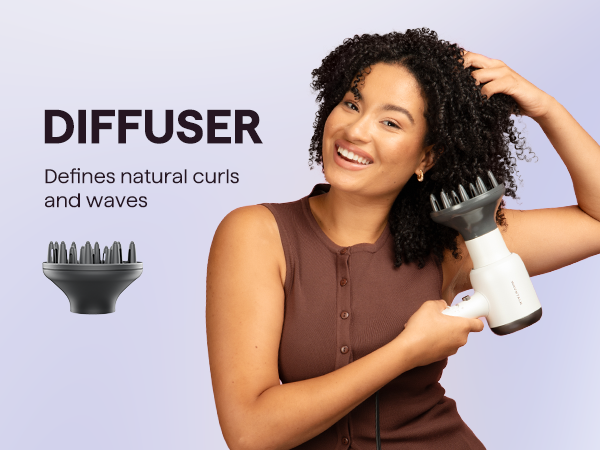 Woman using a hair diffuser on her hair with text about defining natural curls and waves.