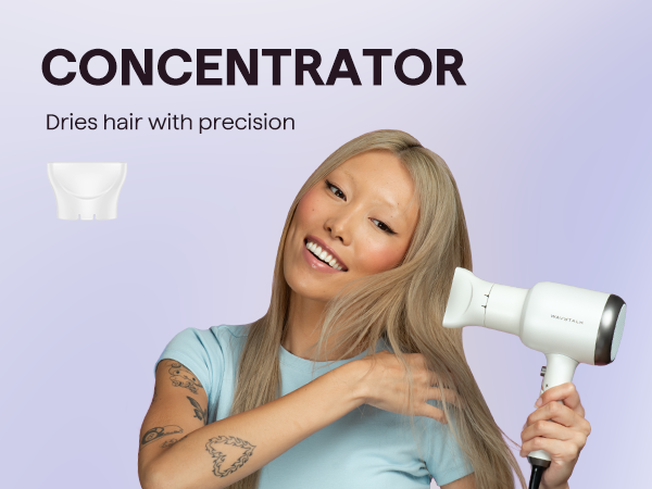 Woman using a hair dryer with text 'Concentrator' and product images on a light purple background