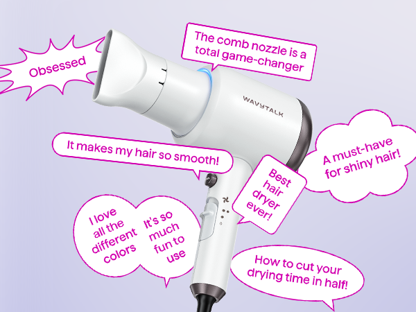 White hair dryer with text bubbles on a purple background