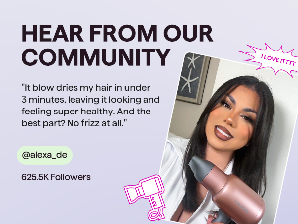 Woman using a hair dryer with text about product benefits on a light purple background