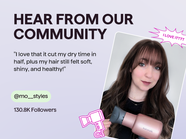 Person with long hair holding a hair dryer, with text about community feedback on hair care product.