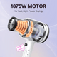White Blown Away hair dryer held by a woman, featuring the text "Dries 2X Faster" against a light purple background.