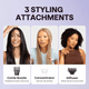 Three women with different hairstyles showcasing three styling attachments on a light purple background.