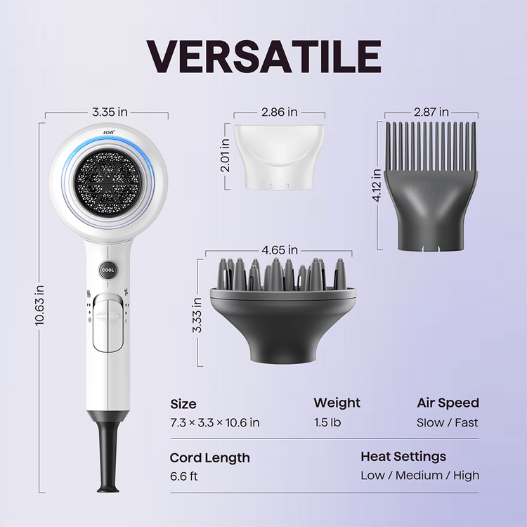 White Blown Away hair dryer featuring professional styling attachments and technical specifications on a light purple background.