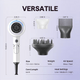 White Blown Away hair dryer featuring professional styling attachments and technical specifications on a light purple background.