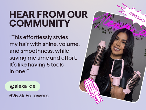 A woman with voluminous dark hair holding a pink 1.5 inch round brush attachment; text highlights its use for defined, bouncy curls and lifted roots.