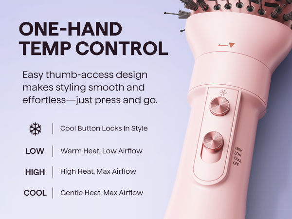 Pink hairbrush with temperature control buttons on a light purple background
