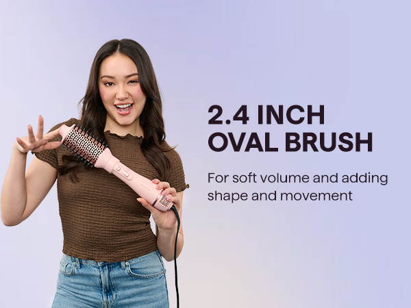 Woman using a hairbrush with text about a 2.4 inch oval brush on a light purple background