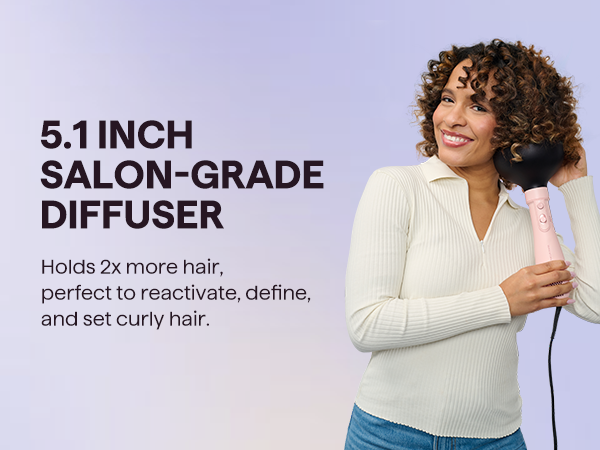 5.1 inch salon-grade hair diffuser for curly hair, showing a woman using it to define and reactivate curls.