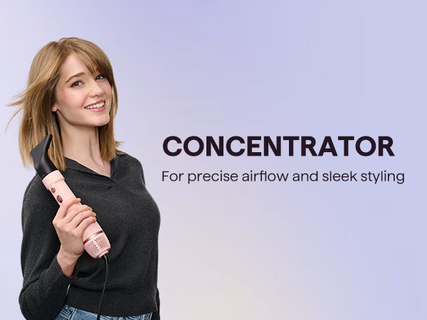 Woman holding a hair styling tool with text 'Concentrator' on a light blue background