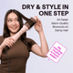 Woman using a Pink Air Sculpt 5 In 1 with a brush attachment on a light purple background, featuring text about hair care product benefits.