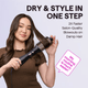 Woman using a Rose Gold Air Sculpt 5 In 1 hair styling tool with text about fast salon-quality blowouts on damp hair.