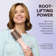 Woman holding a Jet Brush with text about root-lifting power on a light purple background