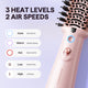 Jet Brush with control buttons and text indicating heat levels and air speeds on a light purple background.