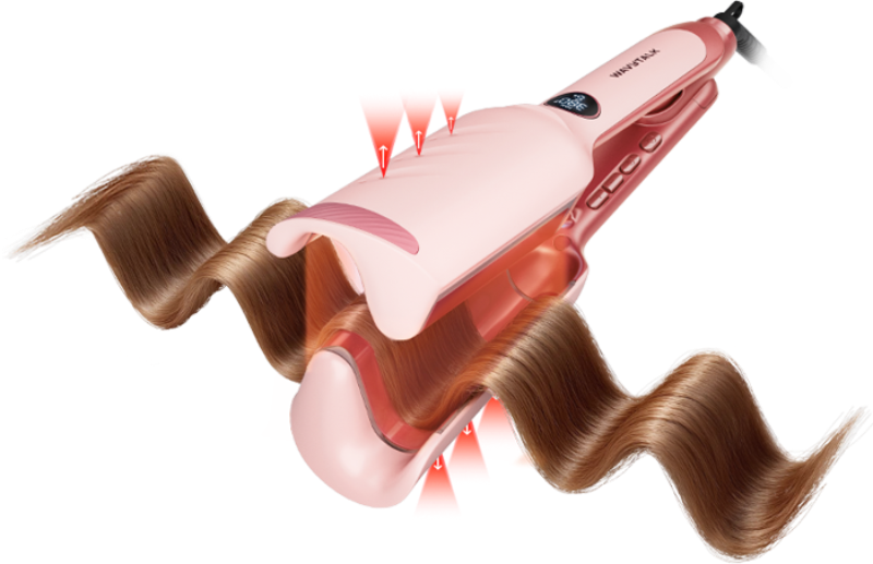 Pink hair straightener with wavy hair on a white background