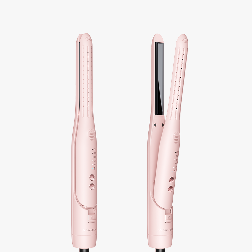 Woman holding a pink hair straightener against a white background