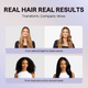 Advertisement showing transformations of hair styles with text 'Real Hair Real Results' on a light purple background.
