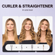 Three-stage hair transformation using the Pink Cool Curl styling tool, showing the step-by-step process from straight to wavy hair on a light purple background.