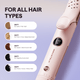 Pink Cool Curl hair straightener with temperature settings for different hair types on a light purple background