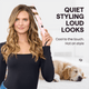 Pink Cool Curl hair styling tool being used by a woman with a dog in the background, featuring text highlighting the product's key features.