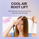 Person using a Pink Cool Curl Pencil hair straightener with text about cool air root lift on a purple background