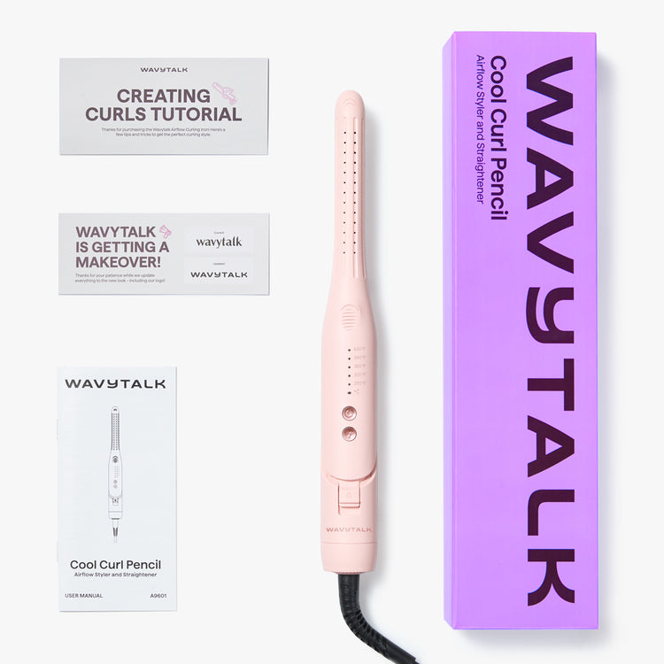Pink Cool Curl Pencil with Wavytalk packaging and promotional materials on a white background